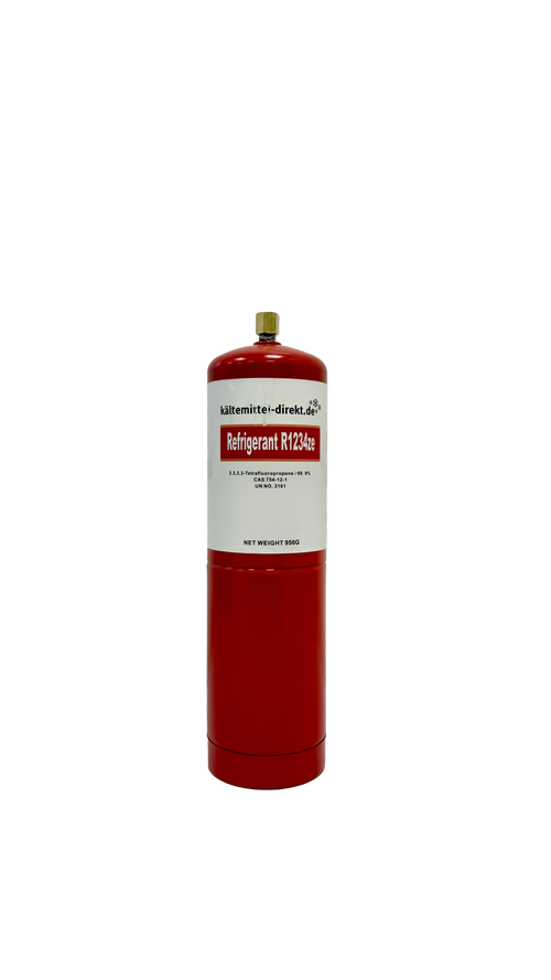 R-1234ze Kältemittel 950 g in Kaufflasche Stahl mit 1/4" ACME Ventil, HFO niedriges GWP, entflammbar