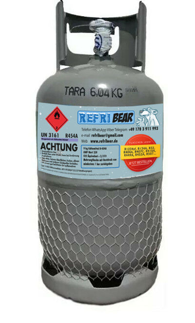 KälteGas R-454A Kältemittel 9 kg Eigentumsflasche Mehrweg Stahl 12,5 L HVAC professionell